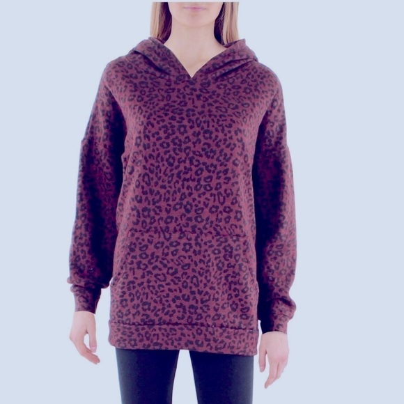 Anthropologie Maronie burgundy/black animal print hooded sweatshirt. Size M. NWT - Picture 1 of 5